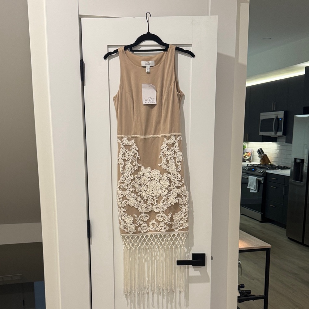 Badgley Mischka Tan Dress with Ivory Lace and Fringe